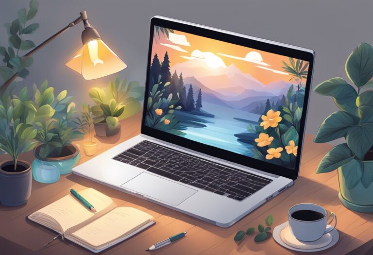 Laptop computer with a mountain and water on the screen