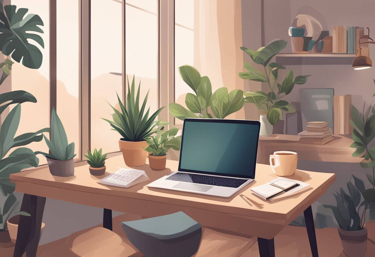 A cozy workspace with a laptop, plants, and a cup of tea. A relaxing atmosphere with soft lighting and comfortable seating. A calendar with scheduled breaks and self-care reminders