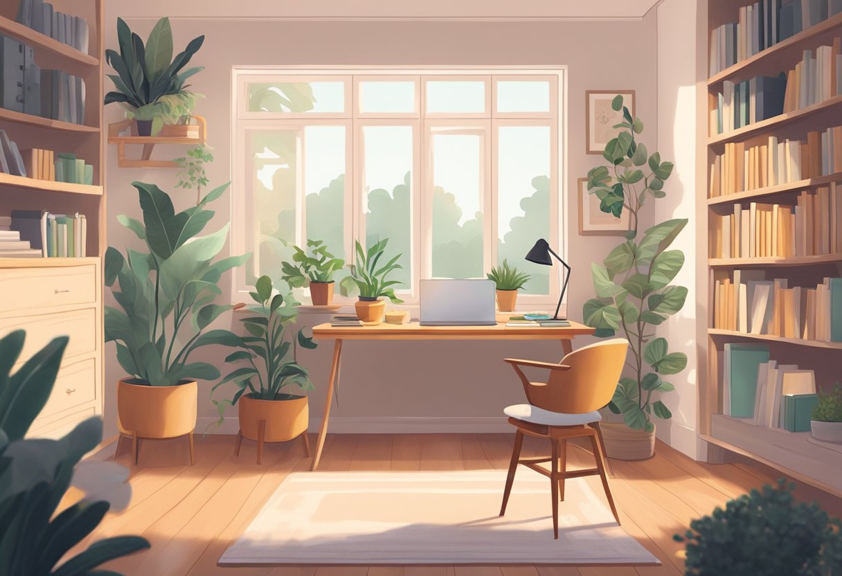 A cozy, sunlit workspace with a clutter-free desk, potted plants, and a comfortable chair. A bookshelf filled with inspirational reads and a calming color palette to promote focus and relaxation