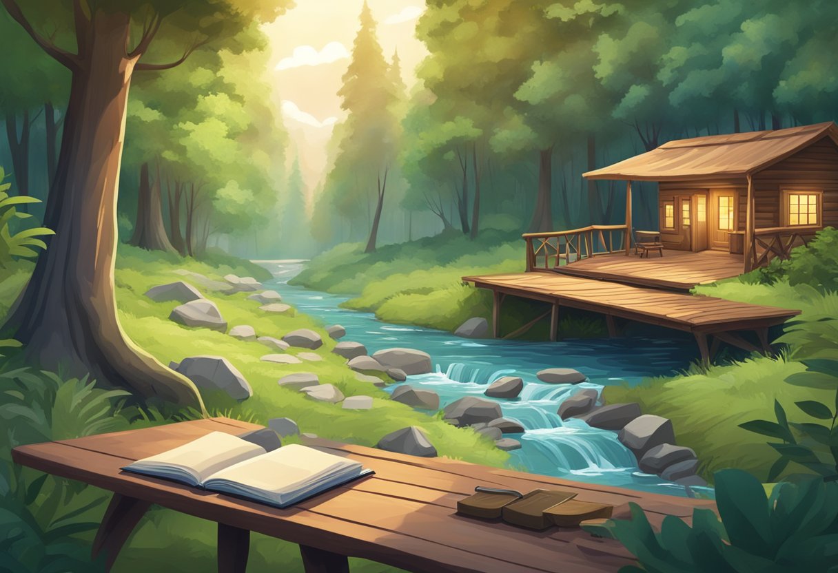 A serene forest clearing with a cozy cabin, surrounded by lush greenery and a bubbling stream, with a hammock and a book resting on a wooden table