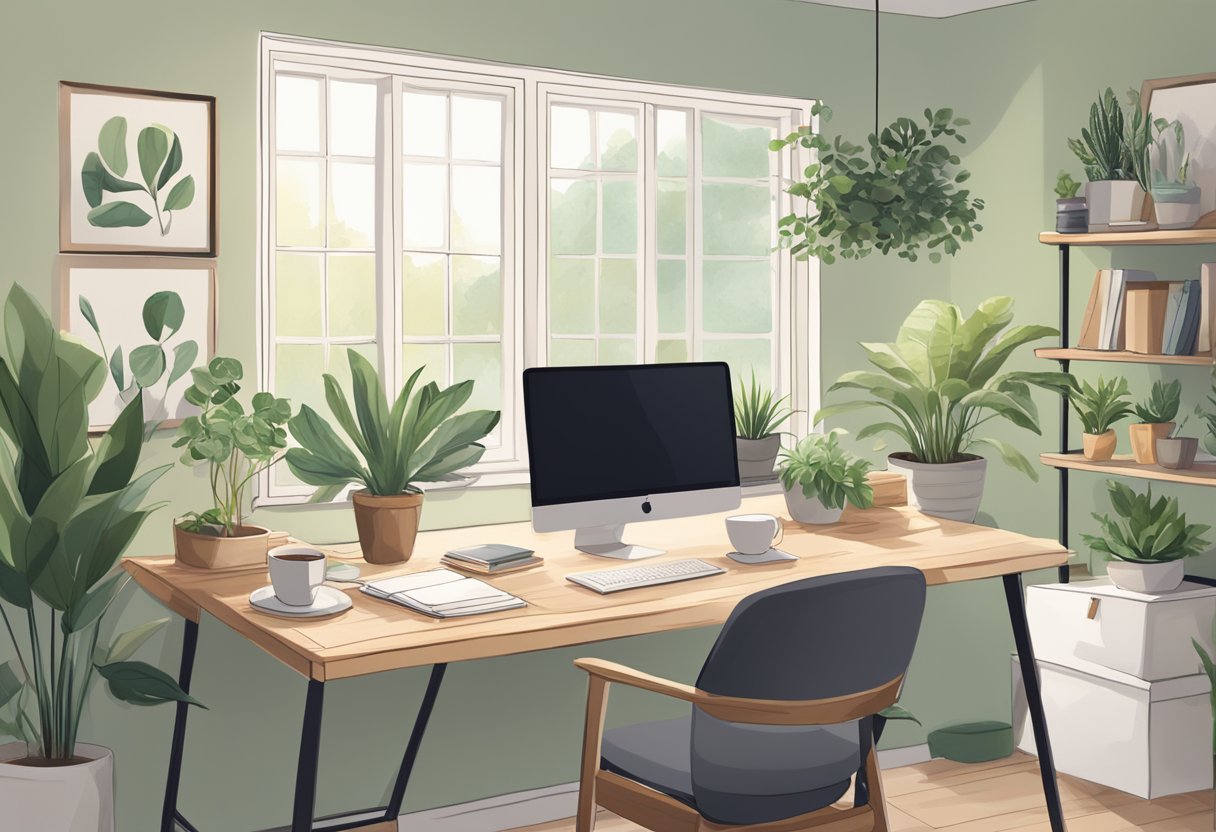A cozy home office with a desk, computer, and planner. A cup of tea sits nearby, surrounded by plants and calming decor. The window lets in natural light, creating a peaceful and organized workspace