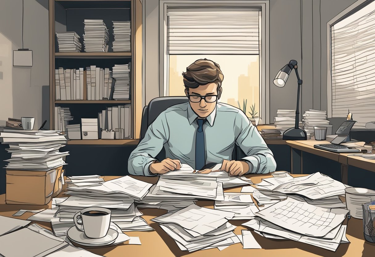 A cluttered desk with scattered papers, empty coffee cups, and a calendar marked with deadlines. A dimly lit room with a tired, slouched posture in the chair