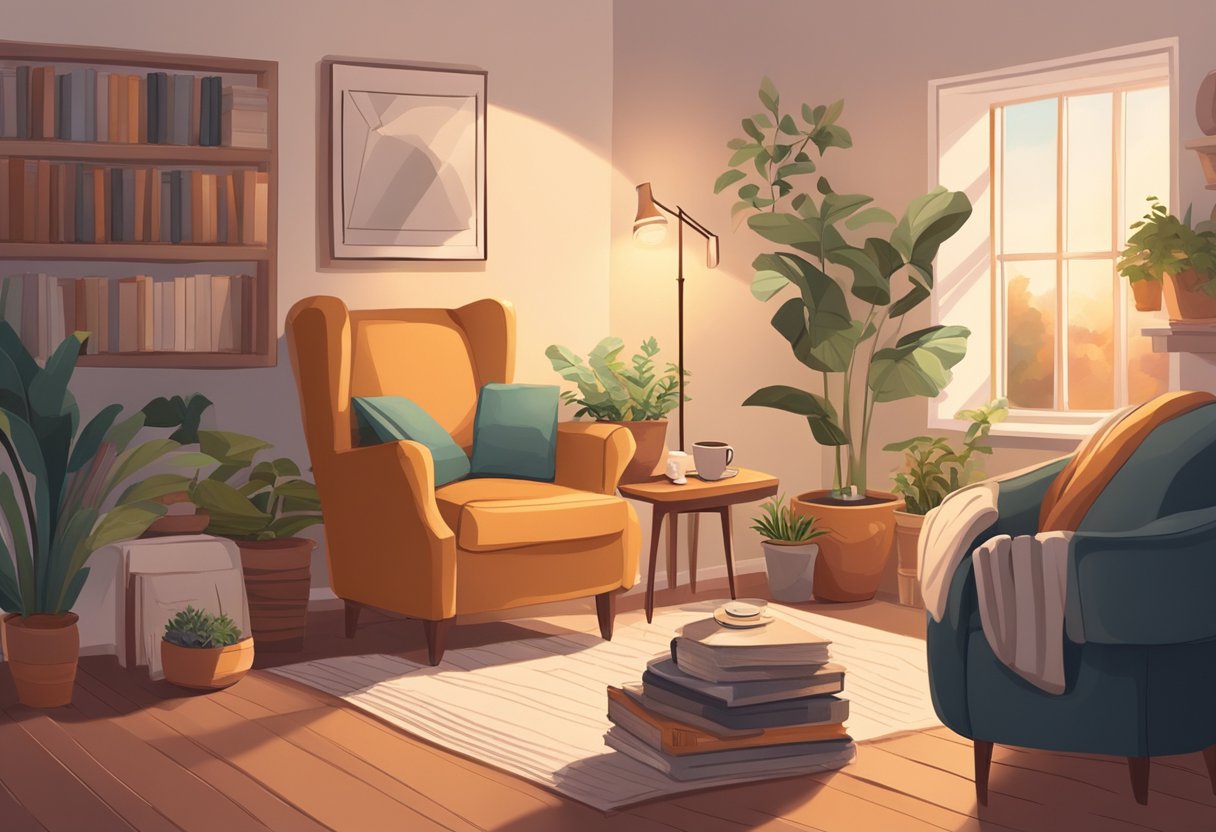 A cozy corner with a plush armchair, soft blankets, and a steaming cup of tea on a side table. A stack of books and a journal are nearby, surrounded by potted plants and warm lighting