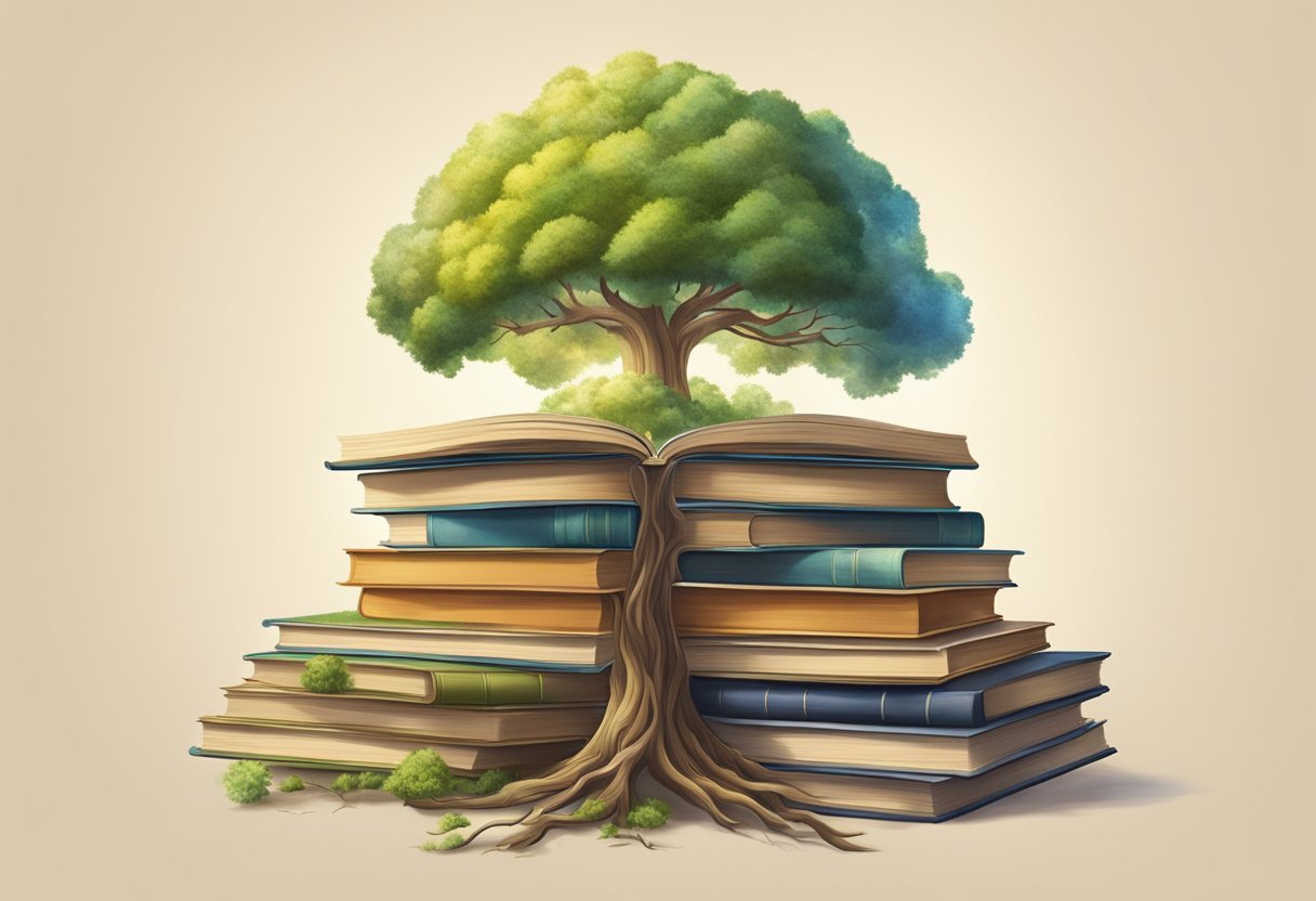 A stack of old books transforms into a towering tree with branches of new content sprouting from its pages