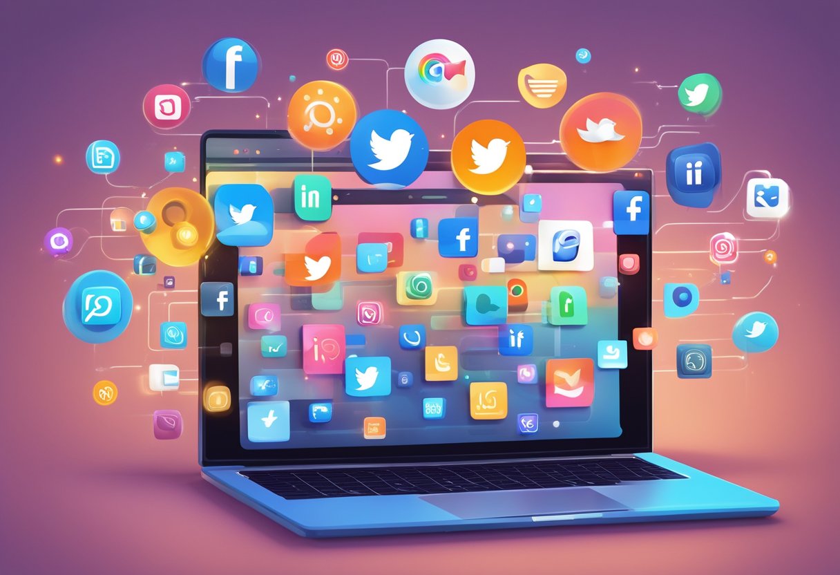 A laptop screen displaying various social media icons being transformed into different types of content (e.g. blog posts, videos, infographics) with a magical glow