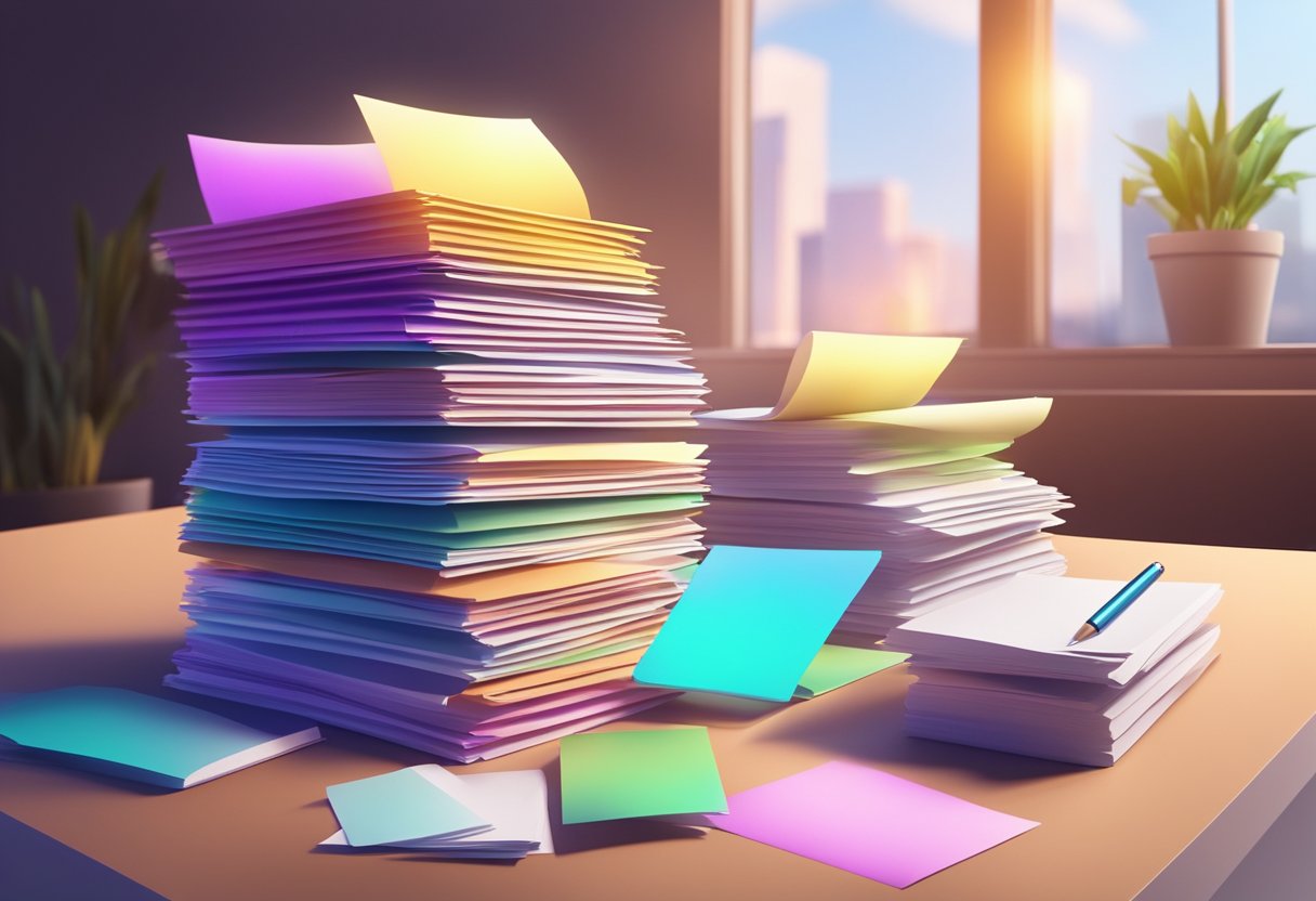 A stack of papers and digital files are transformed into new content, surrounded by a glowing aura of creativity and productivity