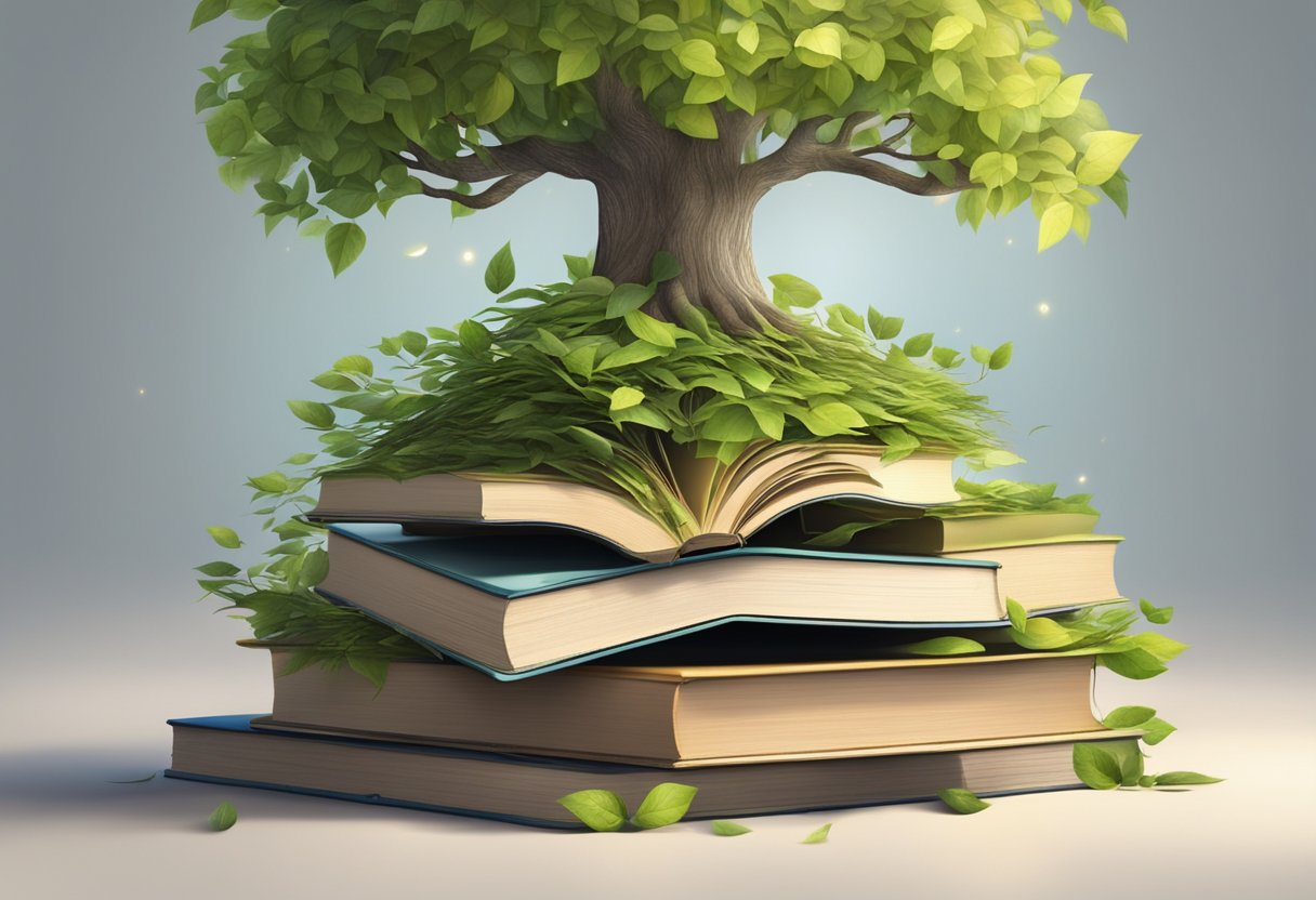 A stack of old books transforms into a flourishing tree, with branches sprouting new pages and vibrant leaves