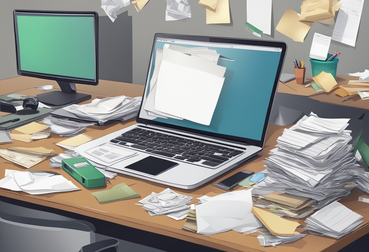 A cluttered desk with a stack of papers, a laptop, and various office supplies. A recycling bin overflowing with crumpled paper and discarded items