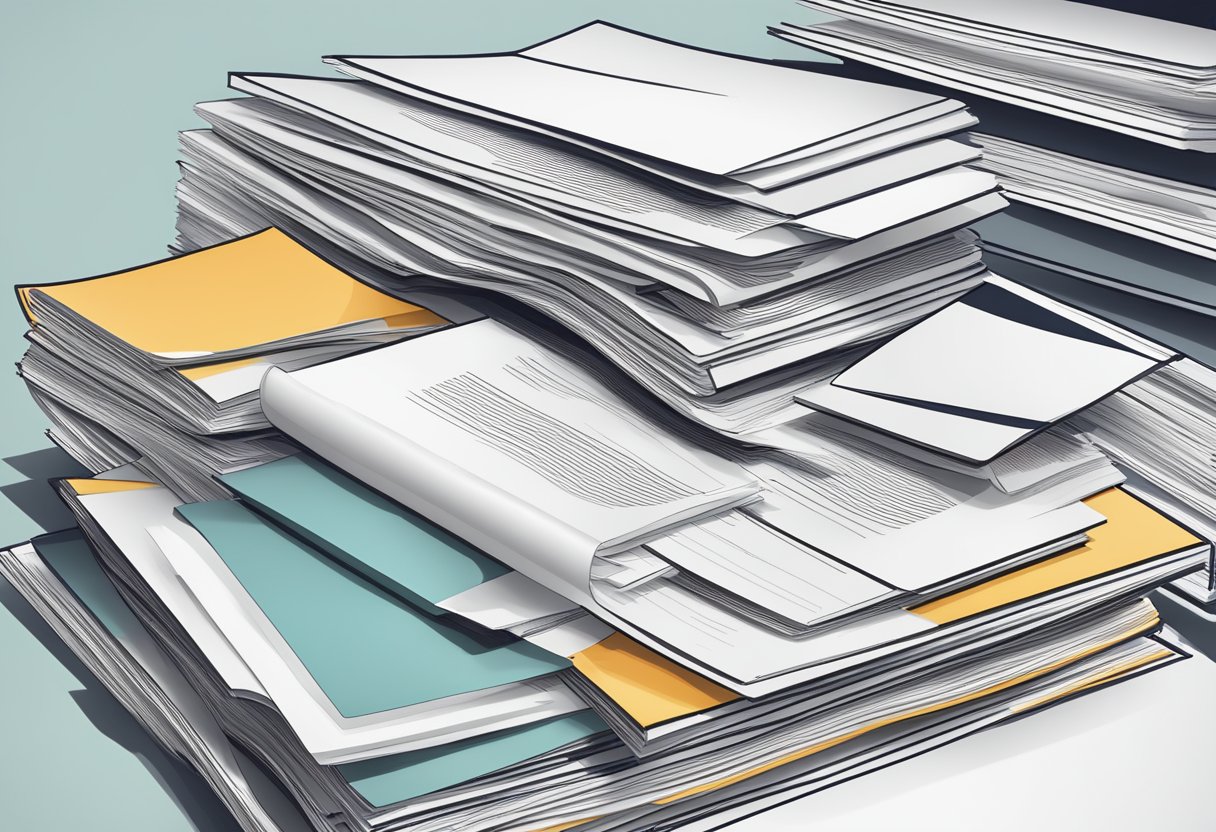 A stack of papers being transformed into a variety of digital and print content, such as blog posts, social media graphics, and infographics