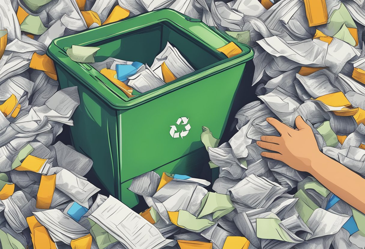 A hand reaching into a recycling bin, pulling out old papers and transforming them into new, vibrant content