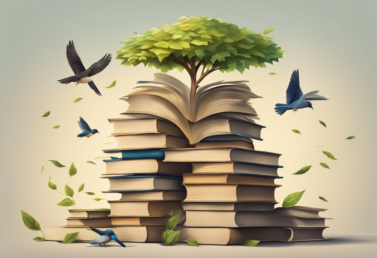 A stack of old books transforms into a towering tree, with pages unfurling into birds and leaves, symbolizing the magic of repurposing content