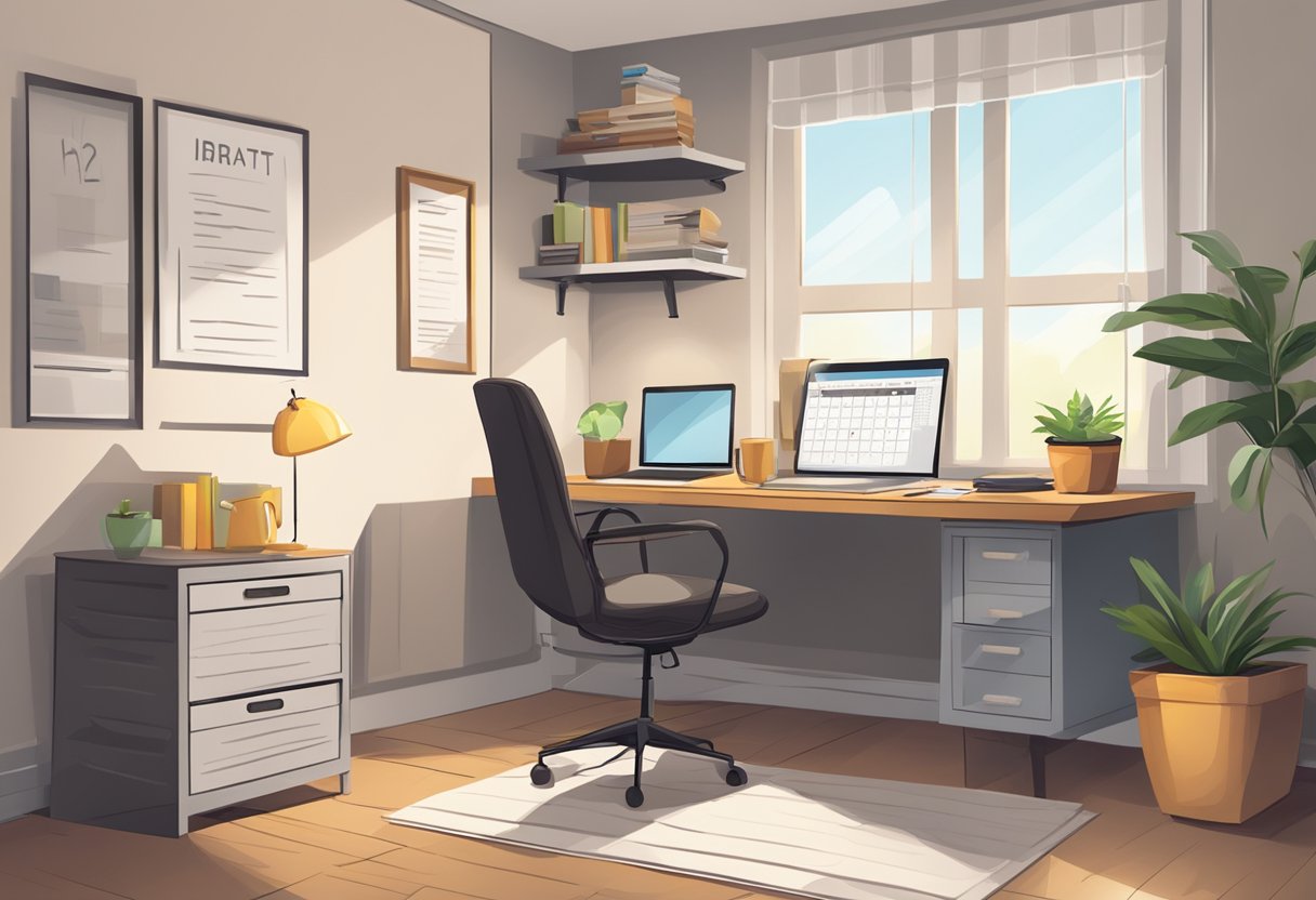 A cozy home office with a desk, computer, and notebook. A calendar on the wall shows a consistent schedule. A cup of coffee sits nearby