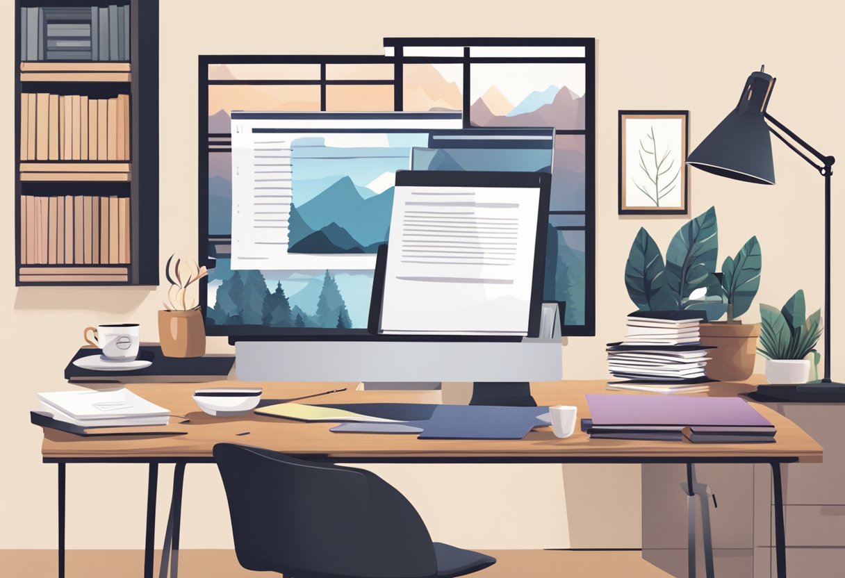 A cozy home office with a desk, computer, and notebooks. A warm cup of coffee sits next to a stack of books on content creation