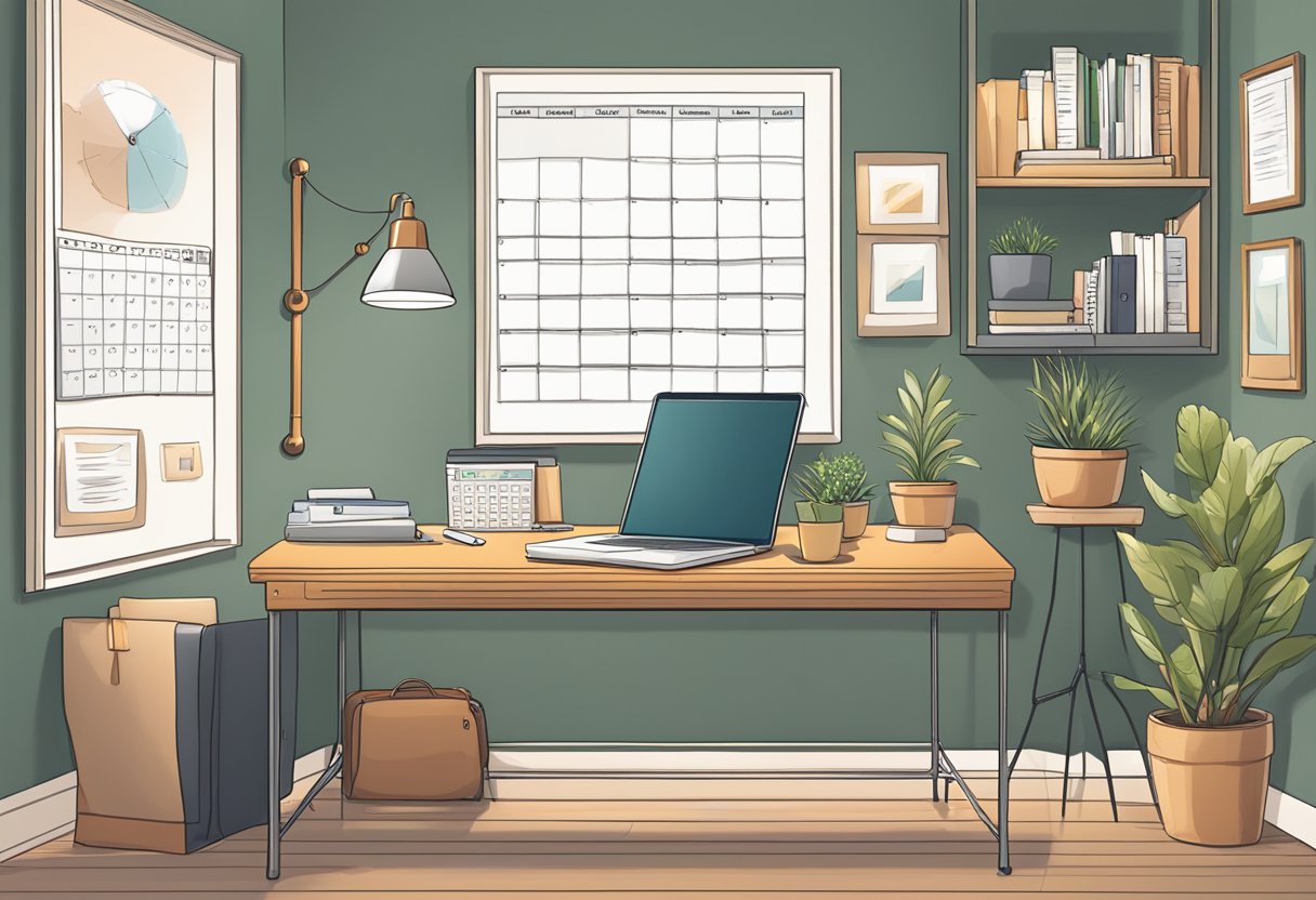 A cozy home office with a desk, computer, and notebook. A calendar on the wall shows a consistent content creation schedule